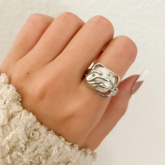 925 Sterling Silver Chunky Ring Square Boho Silver Statement Ring Geometric Ring - Picture 1 of 4